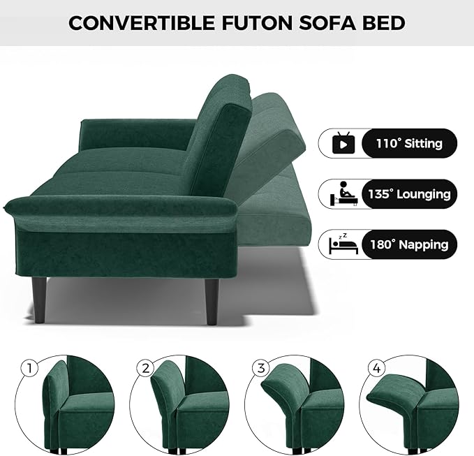 89” Futon Sofa Bed, Velvet Fabric Comfy Futon Couch Bed with 2 Square Pillows, Convertible Sleeper Sofa with Adjustable Backrest& Armrests, Modern Loveseat Sleeper for Living Room, Bedroom-Ruum Studio Home