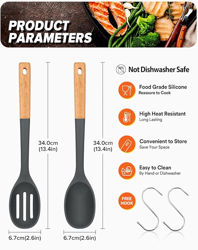 Silicone Cooking Spoons, Great for Scooping Sides and Serving Hearty Stews, BPA-Free Matte Silicone, Wooden Handle Serving Spoon for Nonstick Cooking Surfaces (Grey)-Ruum Studio Home