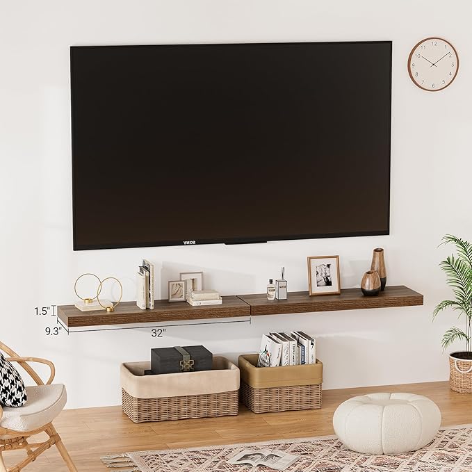 Heimlove 32 Inch Floating Shelves for Wall,Walnut 9.3" Deep Floating Shelf Set of 2,Wall Mounted Shelves for Bathroom Bedroom Living Room Kitchen Office,Shelf for Books Storage Room,Home Decor-Ruum Studio Home