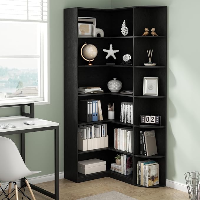Loomie Black Book Shelf, 6 Tiers Shelf Large Tall Corner Etagere Bookcase with Full Baffle, L-Shaped Modern Storage Display Industrial Bookshelves for Bedroom, Home Office, Living Room & Kitchen,Black-Ruum Studio Home