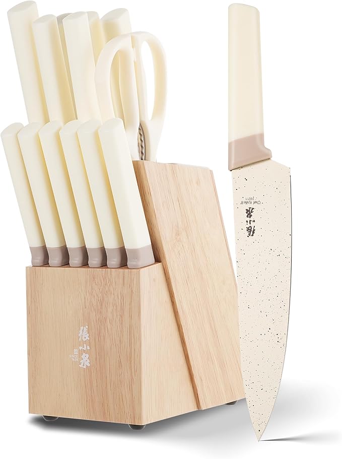 Zhang Xiao Quan Since 1628 15Piece Kitchen Knife Set,Knife Block Set with Ceramic-Coated Blade Ergonomic Handle(Cream)-Ruum Studio Home