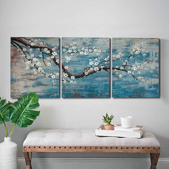 3 Piece Wall Art Hand-Painted Framed Flower Oil Painting On Canvas Gallery Wrapped Modern Floral Artwork for Living Room Bedroom Décor Teal Blue Lake Ready to Hang 12"x16"x3 panel-Ruum Studio Home