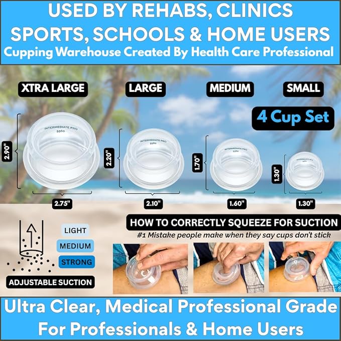 Cupping Warehouse Supreme 4 Intermediate Pro 5560 Beginner Silicone Cupping Set – 4 Cups for Body Sculpting, Massage Therapy, Pain Relief, Cellulite Reduction (S1.3, M1.6, L2.1, XL2.75)-Ruum Studio Home