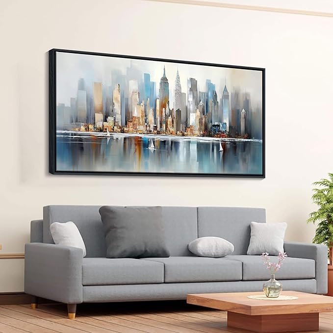 DUNHUANG ART New York City Skyline Abstract Art - Modern Manhattan City View Painting for Home Decor - Large Framed Cityscape Wall Art 20"x40"-Ruum Studio Home
