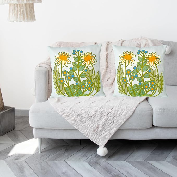 Embroidered Decorative Throw Pillow Cover, 18"x18" Set of 2, Farmhouse Pillowcase Daisy Knit Pattern Cotton Canvas Cushion Case Square Floral Pillow Case for Sofa Couch Bed Living Room…-Ruum Studio Home