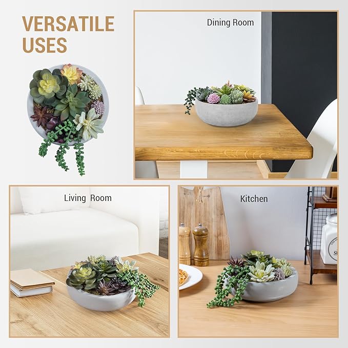 MyGift 8 Inch Round Modern Artificial Succulent Arrangement Potted in Gray Concrete Plant Bowl, Assorted Faux Mini Succulents in a Decorative Planter Pot-Ruum Studio Home