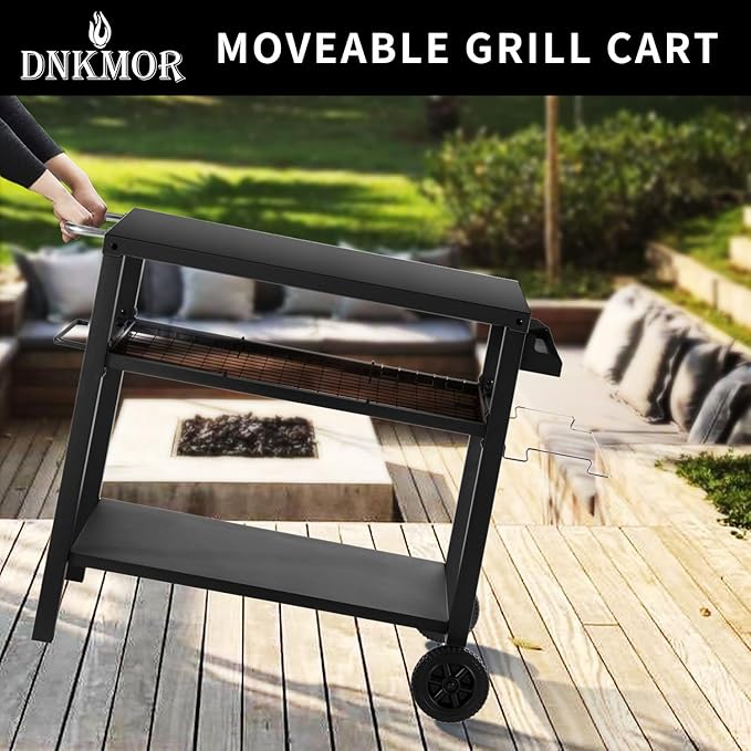 Dining Cart Table with Three Shelf, Movable Outdoor BBQ Grill Pizza Oven Stand with Three Hooks, Kitchen Cart Island Multifunctional Food Prep Table for Inside and Outside (Black)-Ruum Studio Home