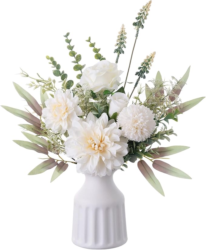 Fake Flowers in Vase, Artificial Flowers with Vase, 15.7'' Floral Arrangements for Dining Table Centerpiece Decor, Silk Roses & Faux Dahlia Bouquet for Farmfouse Kitchen Coffee Table Decor (White)-Ruum Studio Home