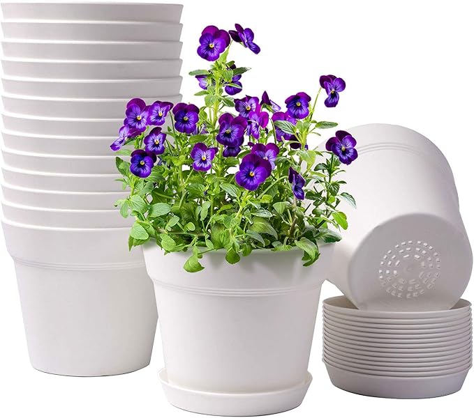 homenote Pots for Plants, 15 Pack 6 Inch Plastic Planters with Multiple Drainage Holes and Trays,Plant Pots for All Home Garden Flowers Succulents (White)-Ruum Studio Home