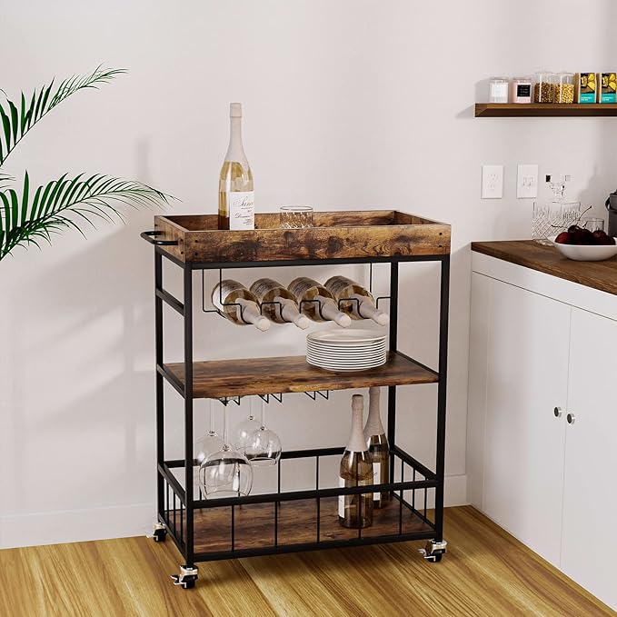 Bar Cart Serving Wine 3 Tier Home Rolling Rack with Wheels Mobile Kitchen Industrial Vintage Style Wood Metal Serving Trolley Serving Cart,Glass Holder Bar Cabinet-Ruum Studio Home