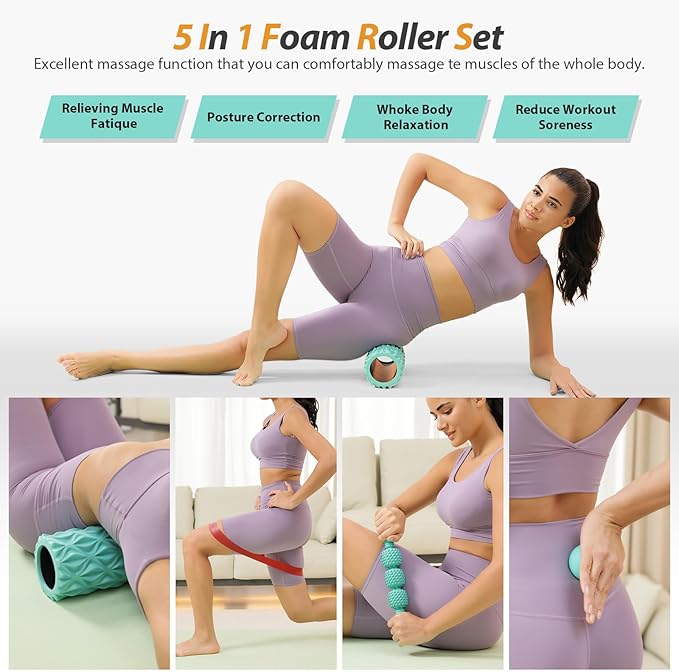 5 in1 Foam Roller Set, Trigger Point Foam Roller, Massage Roller Stick, Massage Ball, Resistance Band for Deep Muscle Massage Pilates Yoga,Fitness Exercise for Whole Body (Pure Turquoise)-Ruum Studio Home