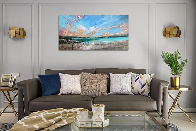 Arjun Ocean Teal Wall Art Canvas Coastal Beach Painting Blue Turquoise Landscape Sunset Picture, Panoramic Gold Foil Textured Large Artwork Framed for Living Room Bedroom Bathroom Wall Decor 40"x20"-Ruum Studio Home