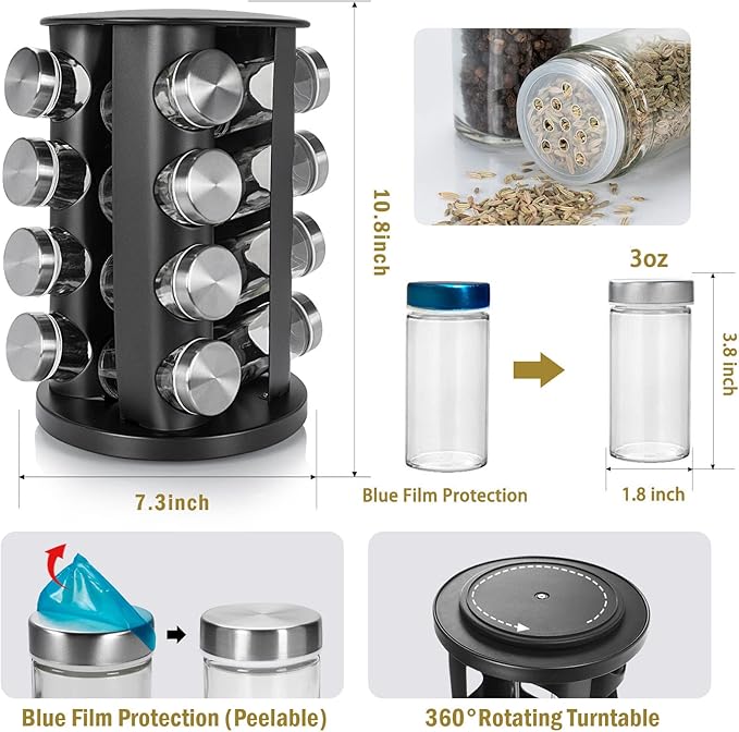 Black Countertop Rotating Spice Rack, 16-Jars Revolving Spice Rack Organizer Tower, 135 Spice Labels with Funnel Complete Set, Seasoning Organizer for Kitchen Countertop, Cabinet-Ruum Studio Home