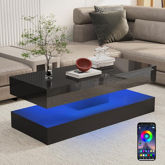 Uspeedy 47.3IN High Glossy LED Coffee Table,Modern Coffee Tables for Living Room,Living Rooms Tables,Large Living Room Furniture,APP LED Lights,Black/White Coffee Table for Livings Room (Black)-Ruum Studio Home