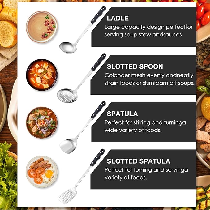 Pleafind 4-Pcs Cooking Utensils Set, Stainless Steel Kitchen Utensils, Mirror Polished Kitchen Essentials Set Include Wok Ladle, Slotted Spoon, Wok Spatula ＆Slotted Spatula, Dishwasher Safe-Ruum Studio Home