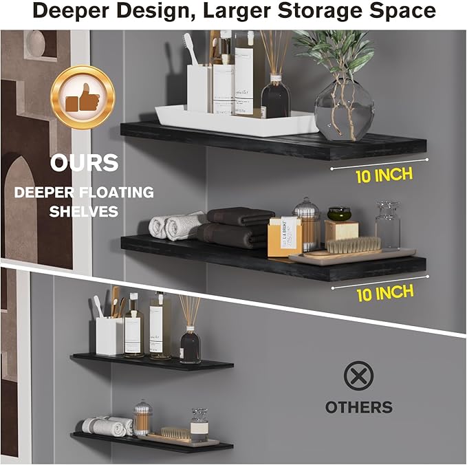 Wall Shelf Set of 2,Dark Wood Floating Shelves 24 in W x 10 in D x 1 in H, Wooden Floating Wall Shelf with Invisible Brackets for Living Room/Bedroom/Bathroom/Kitchen Storage and Decor-Ruum Studio Home
