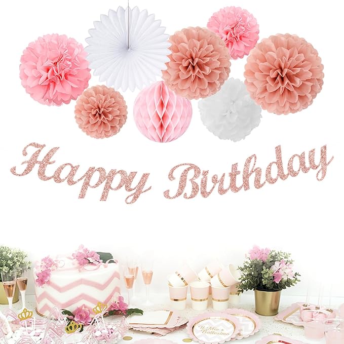Light-Pink Rose-Gold Birthday Garland Party-Decorations - 14pcs Happy Banner Women Paper Flowers Lanterns Tissue Pom Poms,Streamers Fans Honeycomb Girls Adult Women Kids Hanging Supplies Decor Hugfond-Ruum Studio Home