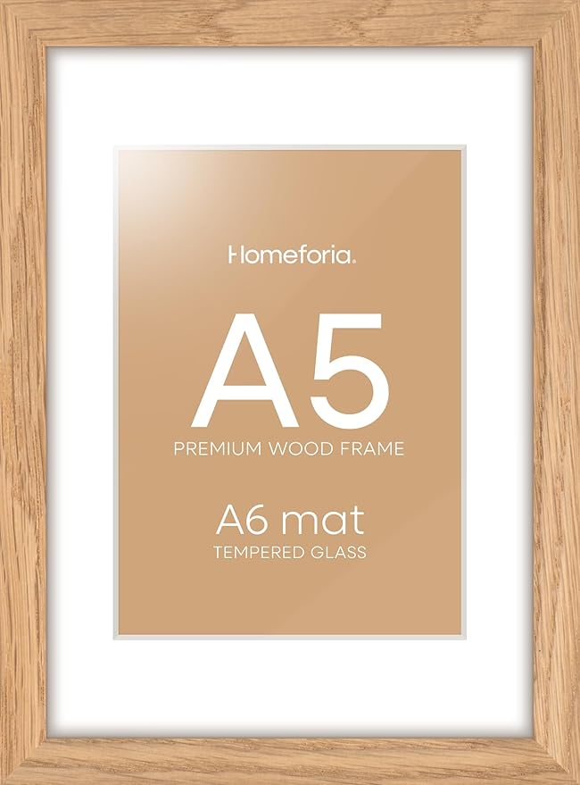 Homeforia A5 Wood Picture Frame, High-End Natural Oak 5.8x8.3 Frame Matted to 4.1x5.8 inch Photo, A5 Size Wooden Frames with Mat A6 for Art, 5.8 x 8.3 Poster Frames, Tempered Glass, Wall Kit, Set of 1-Ruum Studio Home