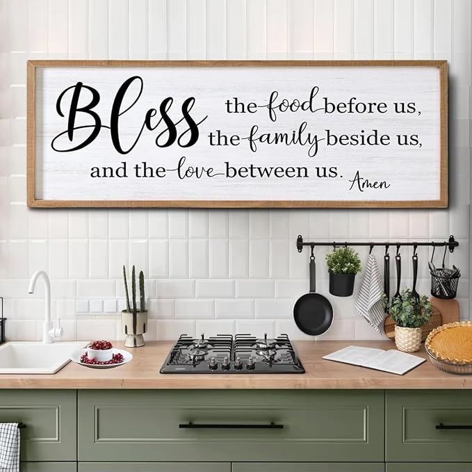 Bless the Food Before Us, the Family Beside Us, and the Love between us Framed Wall Art for Dining Room, 40''×15'' Holy Positive Religious Rustic Bible Verse for Christian God Jesus Christ Prayer-Ruum Studio Home
