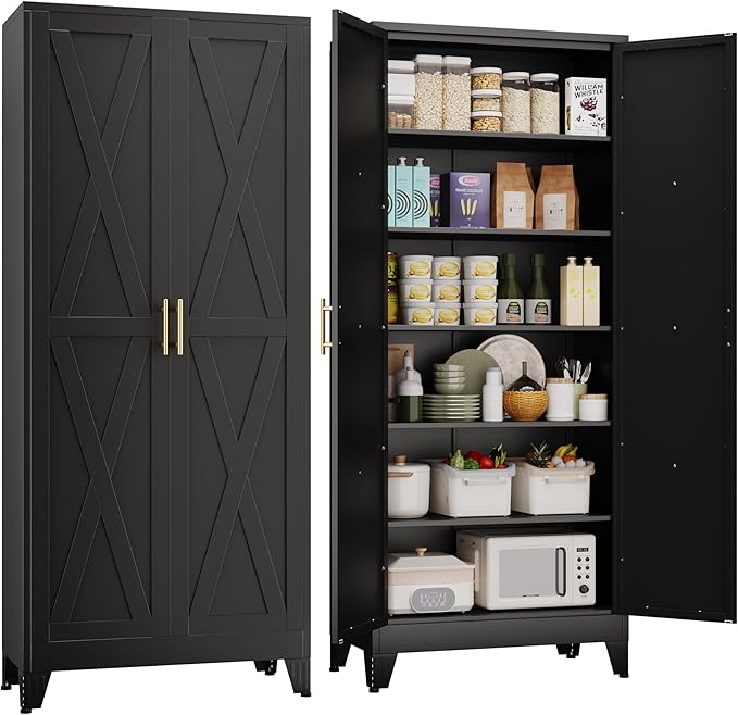 75" Tall Metal Kitchen Pantry Storage Cabinet, Freestanding Cupboard with 2 Doors and 5 Adjustable Shelves, Standing Storage for Kitchen, Bathroom, Garage, Dinning Room or Utility Room（Black）-Ruum Studio Home