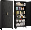 75" Tall Metal Kitchen Pantry Storage Cabinet, Freestanding Cupboard with 2 Doors and 5 Adjustable Shelves, Standing Storage for Kitchen, Bathroom, Garage, Dinning Room or Utility Room（Black）-Ruum Studio Home