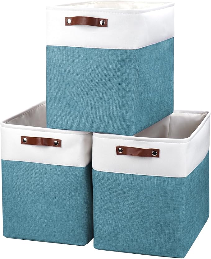 Large Fabric Storage Baskets | 50L Storage Bins, Decorative Linen Closet Baskets with Handles for Organizing, Shelf, Toys, Clothes, Home, Office, Nursery, 17x12x15Inches (Teal&White)-Ruum Studio Home