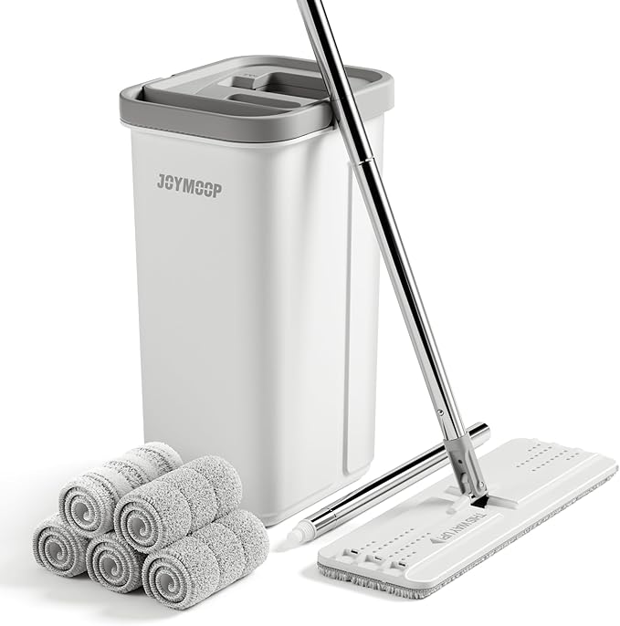 JOYMOOP Mop and Bucket with Wringer Set, Hands Free Flat Floor Mop and Bucket, 60" Mop with 5 Reusable Microfiber Pads, Wet and Dry Use, Floor Cleaning System-Ruum Studio Home