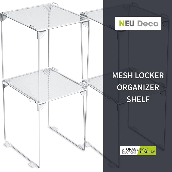 Neudeco Pack 2, Mesh Locker Shelf, Stackable Extra Tall Locker Organizer, Collapsible and Metal Mesh Build, Fits Standard Size, Suitable for School, Work, Kitchen, Bathroom (White)-Ruum Studio Home