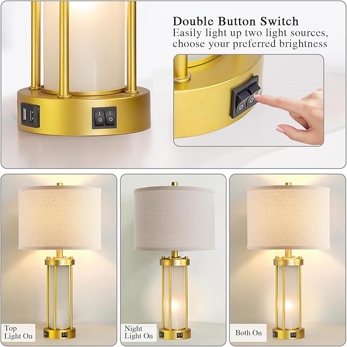 RORIA Modern Table Lamps for Living Room Set of 2, Farmhouse Bedroom Lamps for Nightstands with Dual USB Ports, Gold Bedside Lamps with White Frosted Glass Nightlight, 4 Bulbs Includes (Gold)-Ruum Studio Home