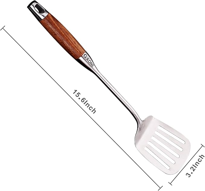 Metal Spatula,304 Stainless Steel Wok Spatula with Heat Resistant Wooden Handle,Silver/15.7Inch-Ruum Studio Home