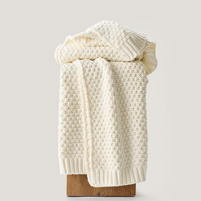 Chunky Chenille Knit Throw Blanket for Couch, Soft Luxurious Moss Stitch Blankets for Bed, Cozy Decorative Farmhouse Knitted Throws for Sofa, Ivory White, 50" x 60"-Ruum Studio Home