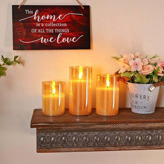 Homemory Amber Glass Flameless Candles, Battery Operated LED Pillar Candles with Remote Control and Timer, Radiance Candles, Real Wax, Set of 3,D3 xH4 5" 6"-Ruum Studio Home