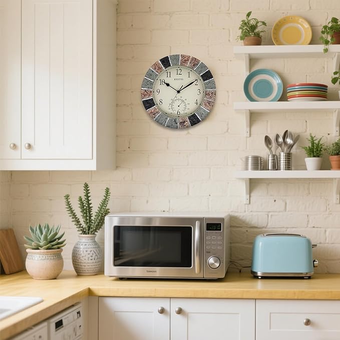 eYotto 10 Inch Small Indoor/Outdoor Waterproof Wall Clock with Thermometer Silent Non-Ticking Battery Operated Wall Clocks Weatherproof for Patio, Pool, Garden, Lanai, Fence, Porch, Deck, Bathroom-Ruum Studio Home