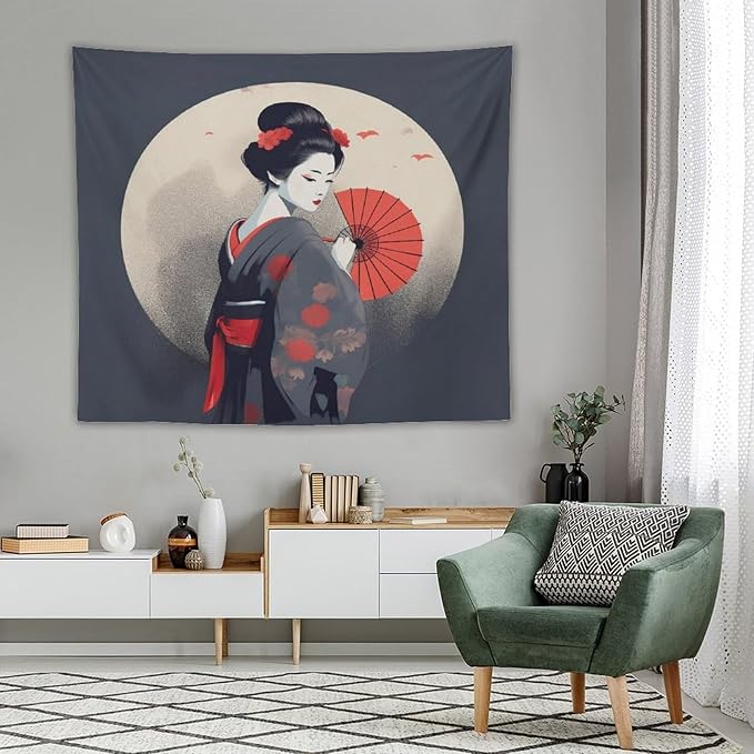 Japanese Woman Geisha Tapestry Asian Red Cherry Blossom Red Sun Traditional Kimono Folk Tapestries Home Decor for Living Room Bedroom Apartment Farmhouse Dorm 60"x50"-Ruum Studio Home