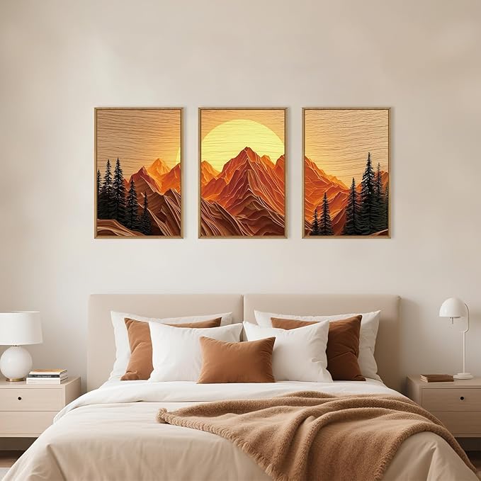 Large Mountain Framed Canvas Wall Art Set, Abstract Ridge Sun Painting, Boho Sunset Scenery Wall Decor,Modern Natural Landscape Art Print for Living Room,Bedroom,Office-16 x24 x3-Ruum Studio Home
