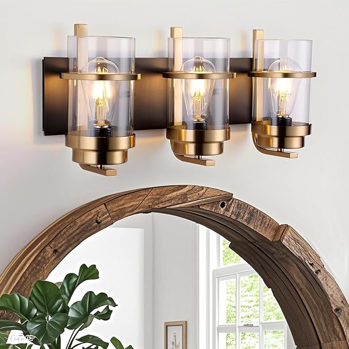 Black Gold Vanity Lights,3 Lights Bathroom Light Fixtures,Gold Finish Industrial Modern Wall Sconces 3 Lights,Bathroom Wall Lights(Bulbs not Included)-Ruum Studio Home