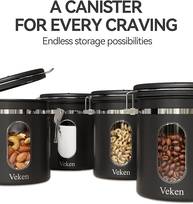 Veken Coffee Canister with Window, Airtight Stainless Steel Kitchen Food Storage Container with Lids, Date Tracker and Scoop for Grounds Coffee, Beans, Tea, Flour, Cereal, Sugar Jars, 16OZ, Black-Ruum Studio Home