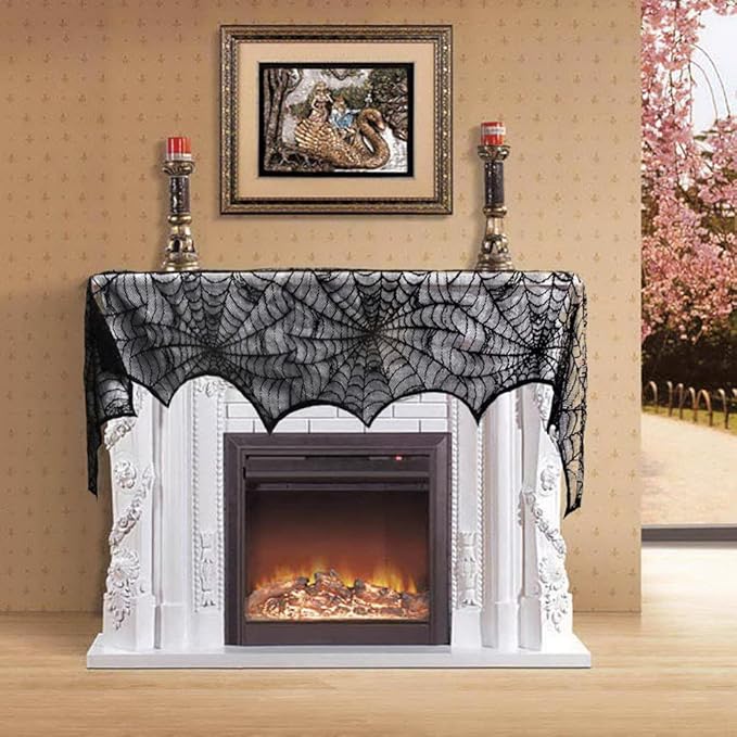 Hommtina 4 Pack Halloween Decorations Tablecloth Runner Black Lace Round Spider Cobweb Table Cover Fireplace Mantel Scarf Spiderweb with 60 Pcs 3D PVC Scary Black Bat Sticker Halloween Party Supplies-Ruum Studio Home