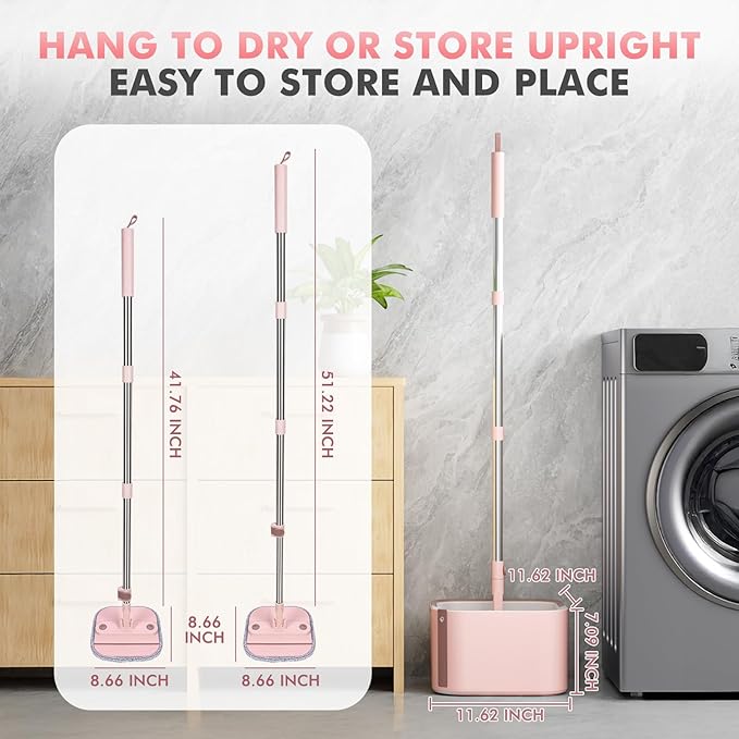 Upgraded Spin Mop and Bucket Self-Standing Mop Bucket Separate Dirty and Clean Water System Self Wringing 360° Rotating & 90° Foldabl Mops and Buckets for Floor Cleaning (Pink, 10Pads)-Ruum Studio Home