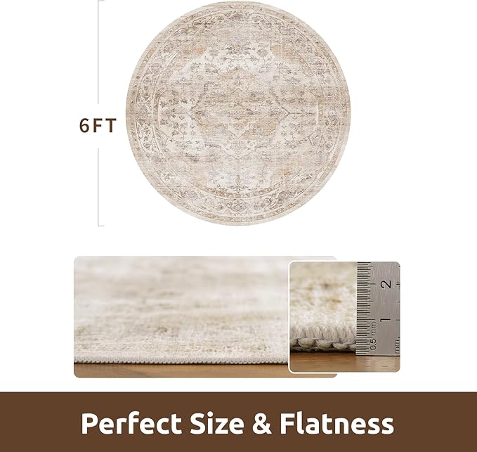 AMOAMI-6FT Round Rug-Rugs for Living Room-Vintage Soft Beige Rugs for Bedroom-Non Slip Circle Rug-Machine Washable Rug for Dining Room Living Room Bedroom Office Under Table-Ruum Studio Home