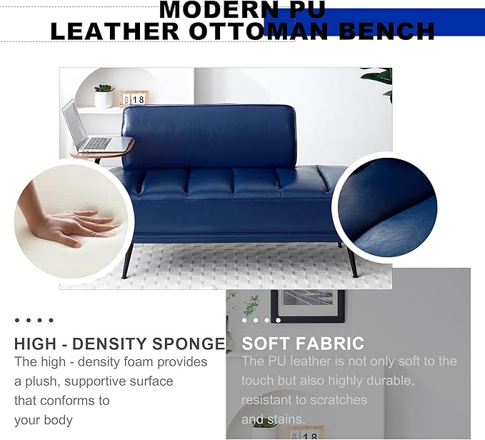 Sofa,Bed Bench,Small Spaces Furniture,Polyurethane Leather,Wood Frame,High Density Sponge Infillings,360-Degree Swivel Tray,Black Metal Leg (Blue)-Ruum Studio Home