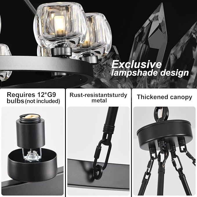 Black Wagon Wheel Chandelier, 48 Inch Black Chandeliers with Unique Glass Shade, 12-Light Crystal Large Wagon Wheel Chandeliers for Dining Room, High Ceiling Round Chandelier for Living Room, Foyer-Ruum Studio Home