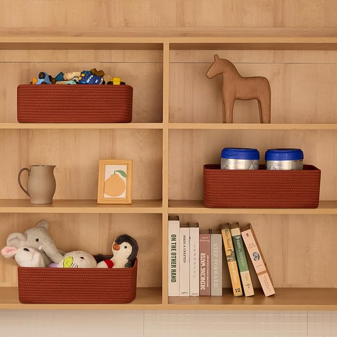 Large Shallow Organizing Baskets 15x11x5.1 Inches - Rope Woven Storage Bins for Bathroom, Shelves, Cube Closet, Red 2 Packs-Ruum Studio Home