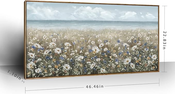 amatop Large Wall Art for Living Room Framed Boho Beach Coastal Floral Ocean Wall Picture Farmhouse Daisy Flower Sea Canvas Print Nautical Neutral Vintage Warm Artwork Home Bedroom Office Decor 48x24-Ruum Studio Home
