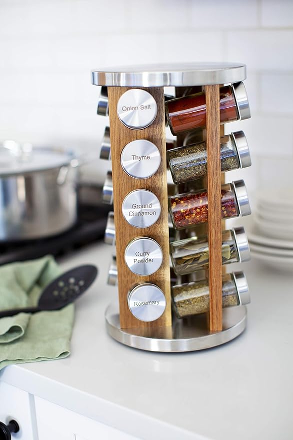 Orii 20 Jar Spice Rack with Spices Included - Tower Organizer for Kitchen Spices and Seasonings, (Natural Acacia Wood)-Ruum Studio Home