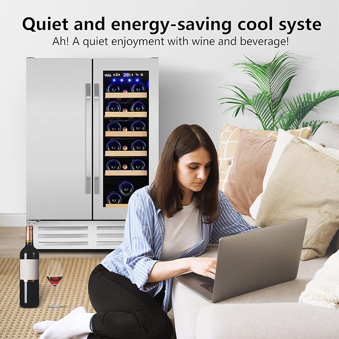Wine and Beverage Refrigerator,24 Inch Dual Zone Wine Beverage Cooler, Built-in/Freestanding Beer and Wine Fridge with a Powerful Compressor, 20 Bottles and 88 Cans Capacity-Ruum Studio Home