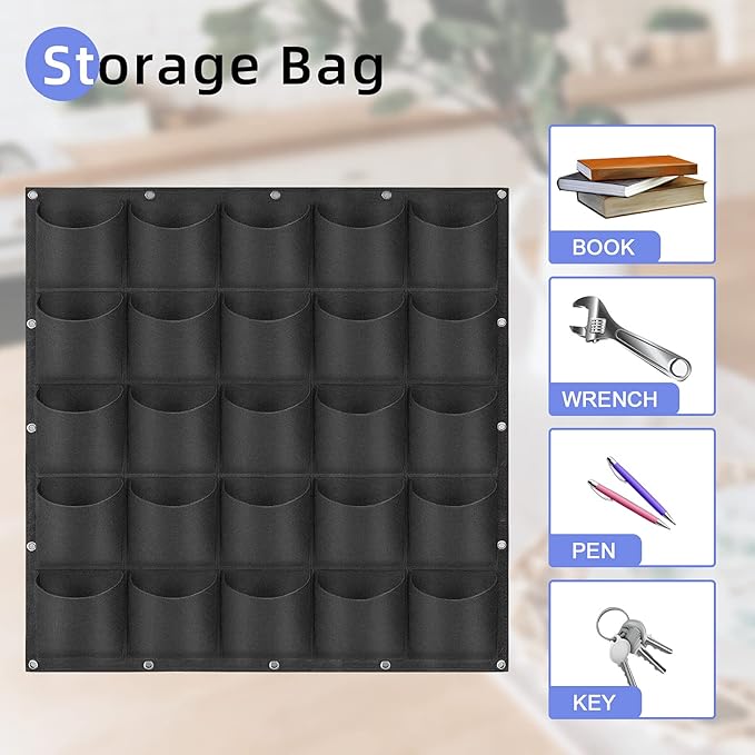 25 Pockets Hanging Planter Bags, Hanging Vertical Wall Mounted Plant Planting Grow Bags, Herb Garden Planter Outdoor Indoor Growing Bag, Gardening Vertical Greening Flower Container(1m×1m, Black)-Ruum Studio Home