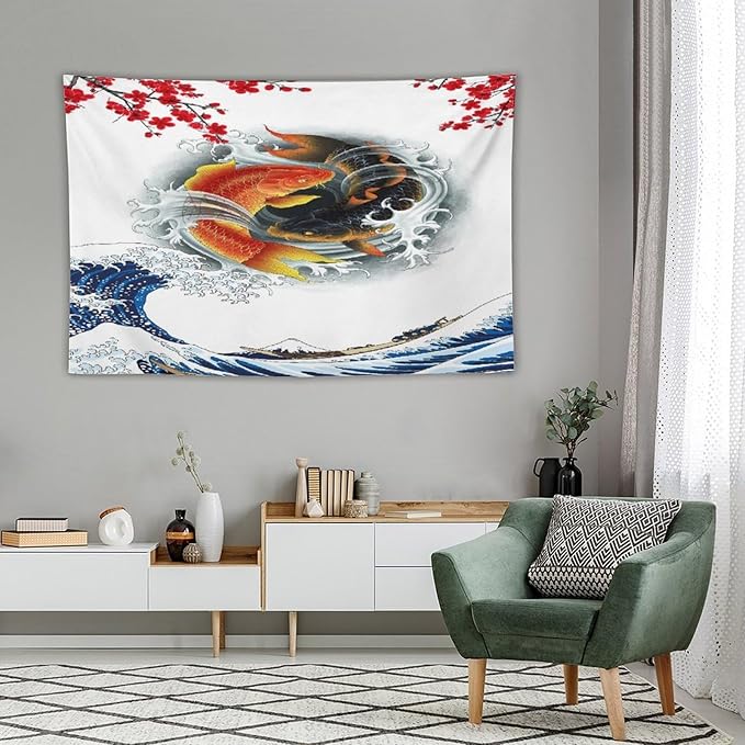 Houselerax Koi Fish Tapestry, Japanese Style Yin Yang Big Wave Cherry Blossoms Tapestries Wall Hanging for Bedroom Living Room Office Decor 90"x60"-Ruum Studio Home