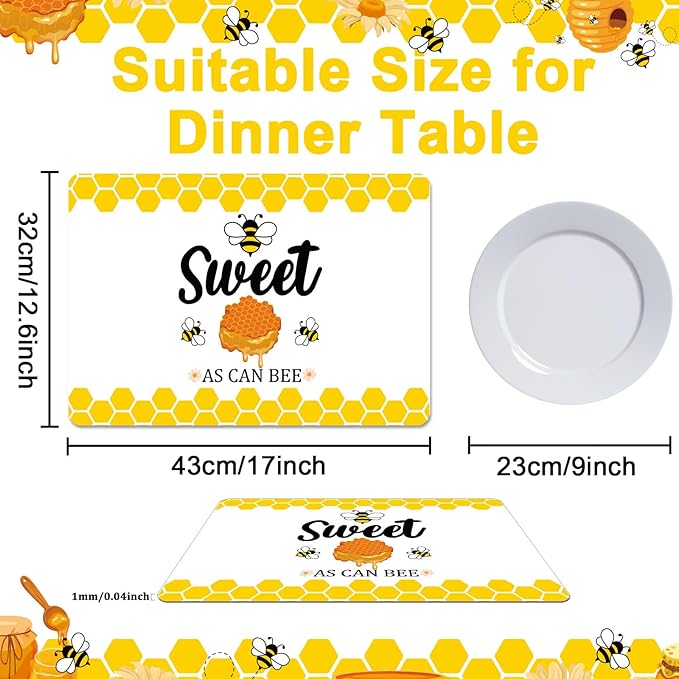 Honey Bee Placemats Set of 6 Summer Plastic Table Mats Yellow Bee Theme Placemats Washable Farmhouse Rustic Holiday Table Decoration for Indoor Outdoor Party Kitchen Dining-Ruum Studio Home