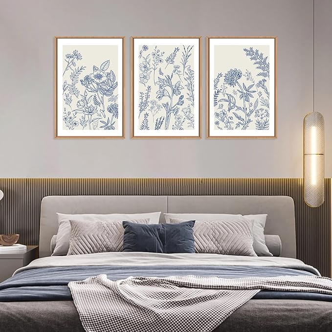 HPINUB Classic Chinoiserie Floral Framed Canvas Wall Art Set,Watercolor Blue and White Botanical Flowers Wall Decor,Navy Blue Minimalist Wildflower Art Print for Living Room,Bedroom,Office-16 x24 x3-Ruum Studio Home